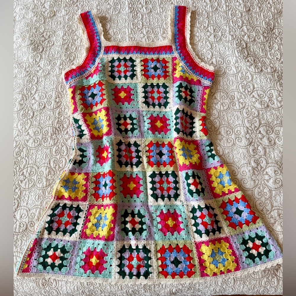 Chunky crochet colorful patchwork mini dress